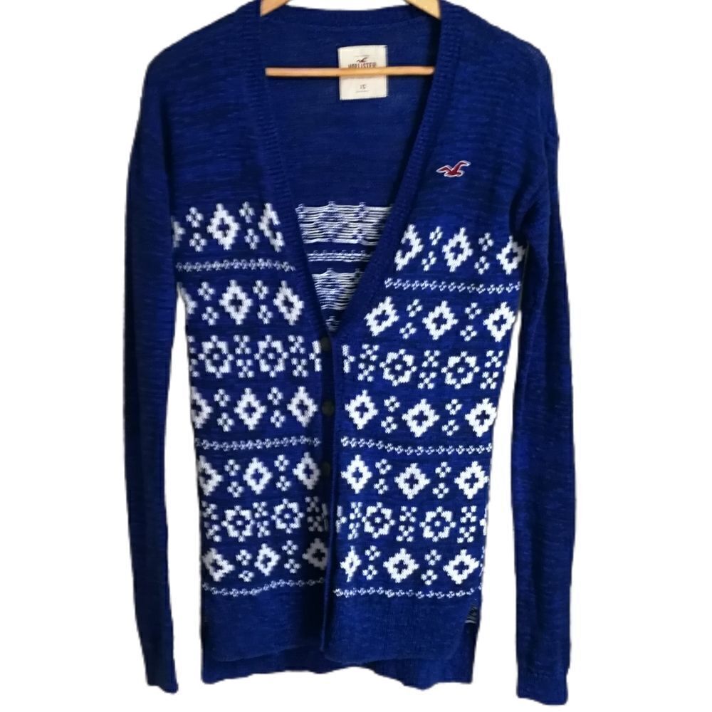 HOLLISTER Navy Blue & White Fair Isles Cotton Knitted Sweater Extra-Small